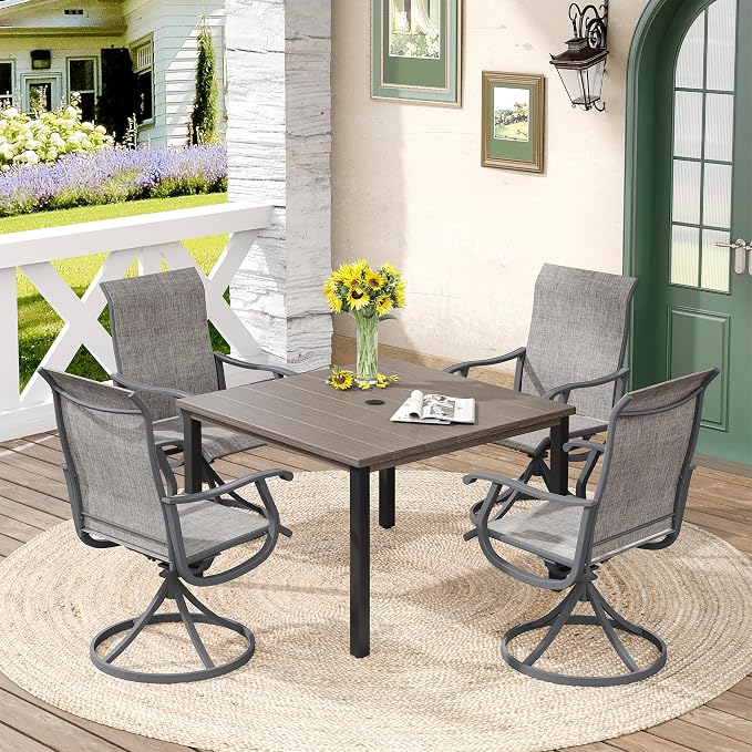 DIFY Patio Table and Chairs Set for 4, 5 Piece Outdoor Dining Set, 40.2" Grey Wood-Like Square Metal Dining Table with Umbrella Hole and 4 Grey Textilene Swivel Patio Chairs, for Garden Backyard Deck