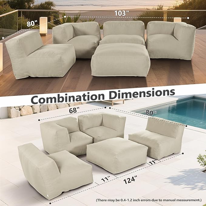 Patio Furniture Set, 5 Pcs Outdoor Conversation Set with Bean Bag Middle Chairs, Corner Chair, Ottomans, Modern Foam Couch Set for Garden, Deck, Balcony (5, Light Beige)