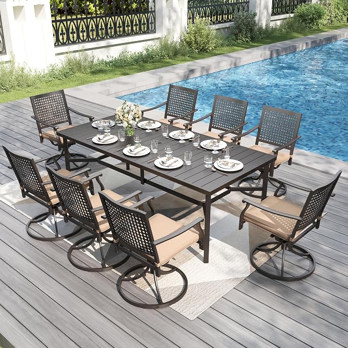 PHI VILLA Outdoor Dining Set for 8, 83" Metal Table & Swivel Chairs | 9 pcs rectangle black wrought iron furniture w/ umbrella hole. All weather for patio, deck, yard, porch