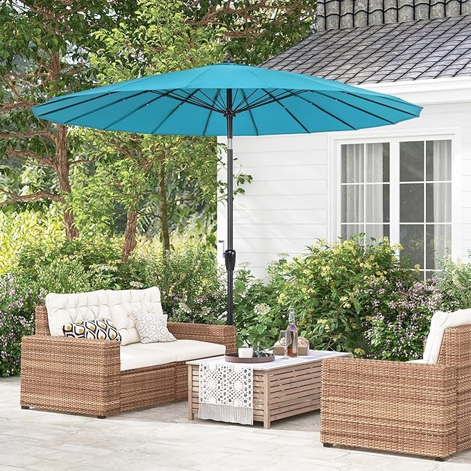 Tangkula 9FT Round Patio Umbrella, Outdoor Market Umbrella with 18 Fiberglass Ribs, Push Button Tilt, Crank, Fade-resistant Canopy & Ventilation, Aluminum Table Umbrella for Backyard, Pool (Turquoise)