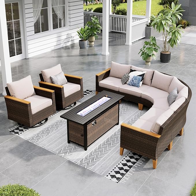 Sophia & William Half Moon Outdoor Sectional Furniture with 56" Fire Pit Table, High Back Swivel Rocker Chairs and Curved Sofa, 9PCS Wicker Patio Conversation Set for Deck Yard and Poolside, Beige