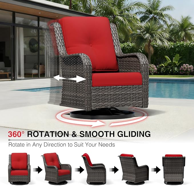 Joyside 5 Piece Wicker Patio Furniture Set, Outdoor Swivel Rocker Patio Chairs with High Back, Deep Seating, Wide Armrest, Thickened Cushions, Outdoor Furniture for Deck, Porch Use