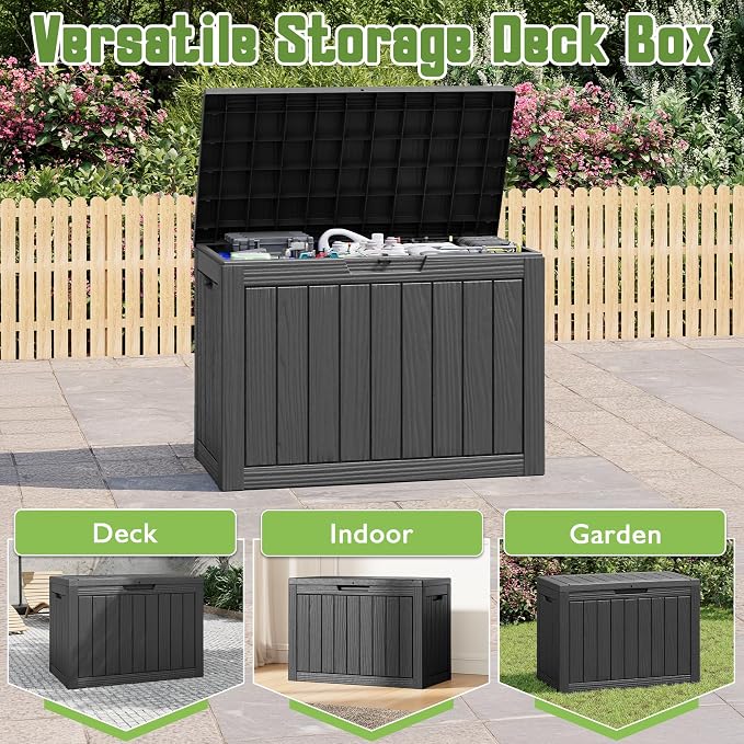 KAMABOKO 50 Gallon Outdoor Storage Box, All-Weather Resin Deck Box Outdoor Waterproof with Lockable Lid for Patio Cushions, Package Deliveries, Garden Tools, Pool Supplies, Black