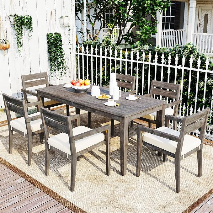 VilroCaz 7-Pieces Acacia Wood Outdoor Dining Table Set, All-Weather Patio Conversation Dining Set, 70.9'' Dining Table with 6 Removable Cushion Chairs, Suitable for Patio Balcony Backyard (Grey-AC)