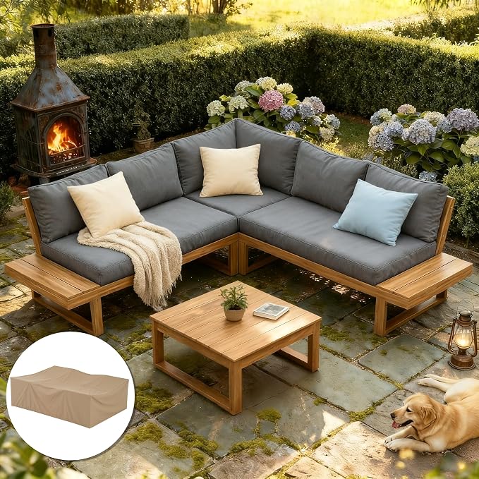 SUNSITT 4 Piece Acacia Wood Patio Furniture with Waterproof Cover, L-Shaped Outdoor Sectional Sofa Set with Coffee Table, FSC Certified Conversation Set with Built-in Side Table & Grey Cushions