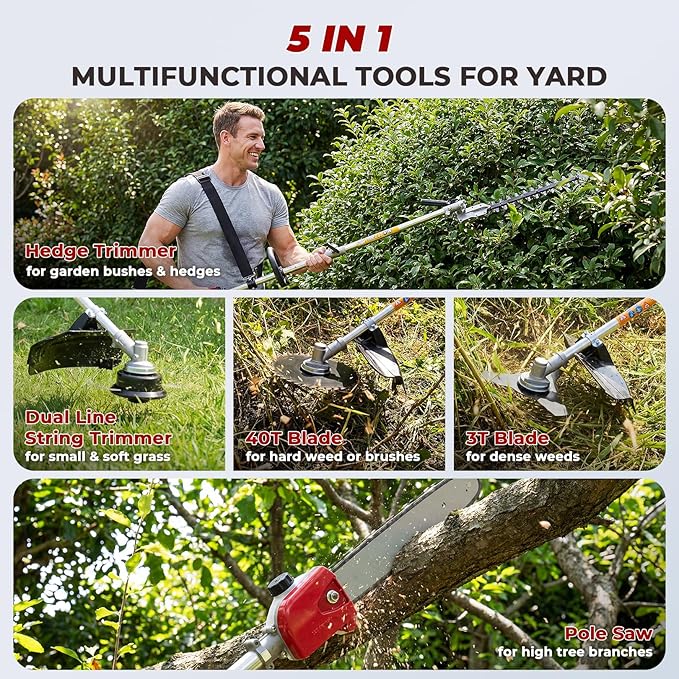 COOCHEER 58CC Gas Powered Weed Wacker, 5-in-1 Multi-Function String Trimmer, Brush Cutter, Hedge Trimmer, Edger, and Pole Chainsaw, 2-Cycle Gas Powered Garden Multi-Tool for Lawn Care