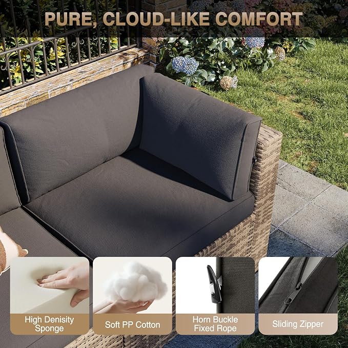 Aoxun Patio Furniture Sets, 9-Piece Outdoor Patio Furniture with 44'' Propane Gas Firepit Table and 11FT X 11FT Cantilever Umbrella, Wicker Outdoor Conversation Set for Backyard