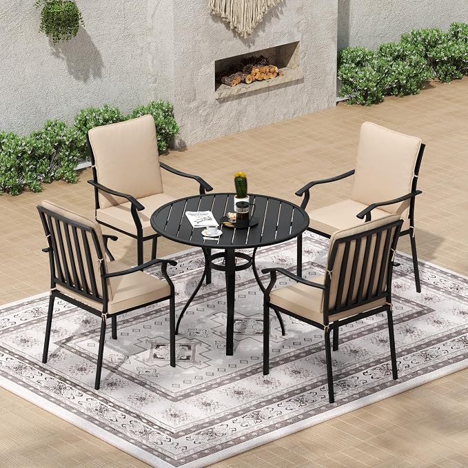 5 Piece Outdoor Patio Dining Set, 36’’ Round Dining Table with Umbrella Hole & 4pcs Metal Dining Chairs, Outdoor Furniture Dining Set for Patio, Balcony, Lawn, Garden, Backyard