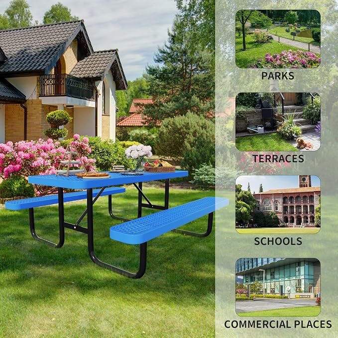 Picnic Tables for Outdoors,Commercial Metal Picnic Table Bench Set with Umbrella Hole,School Canteen Tables W/Seats - Heavy Duty Sturdy Picnic Tables Furniture for Patio Garden (Blue, 4FT)