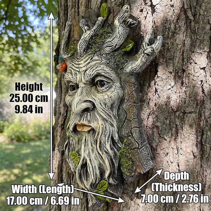 10" Whimsical Tree Face Sculpture, Garden Peeker Statue, Outdoor Trunk Tree Huggers Art, Landscape Accent Ornament, Hanging Fairy Elve Figurine for Yard Art, Trees Decor Wall Mounted Statues