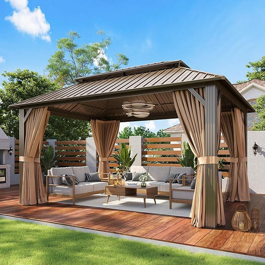 Aoxun 12x16 Gazebo Hardtop Gazebo with Double Galvanized Steel Roof Outdoor Metal Gazebo Pavilion with Breathable Netting and Privacy Curtain for Patio, Lawn, Deck, and Backyard (Brown)