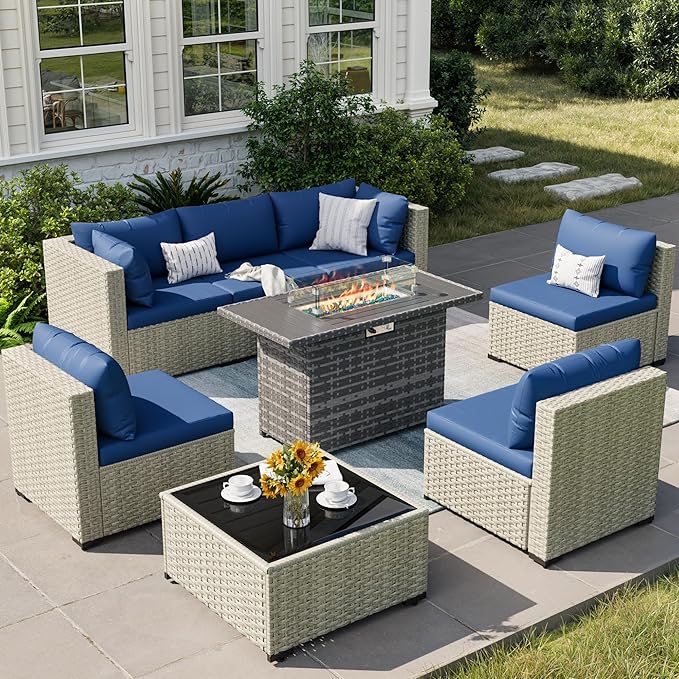 8 Piece Patio Furniture Set with 44" Fire Pit Table, Outdoor Sectional Wicker Rattan Sofa Set with Coffee Table (Navy Blue/Grey)