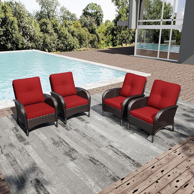 Joyside Wicker Patio Chairs, 4 Piece Rattan Outdoor Furniture with Thickened Cushions, High Back, Deep Seating, Wide Armrest, Outdoor Chairs for Porch, Deck