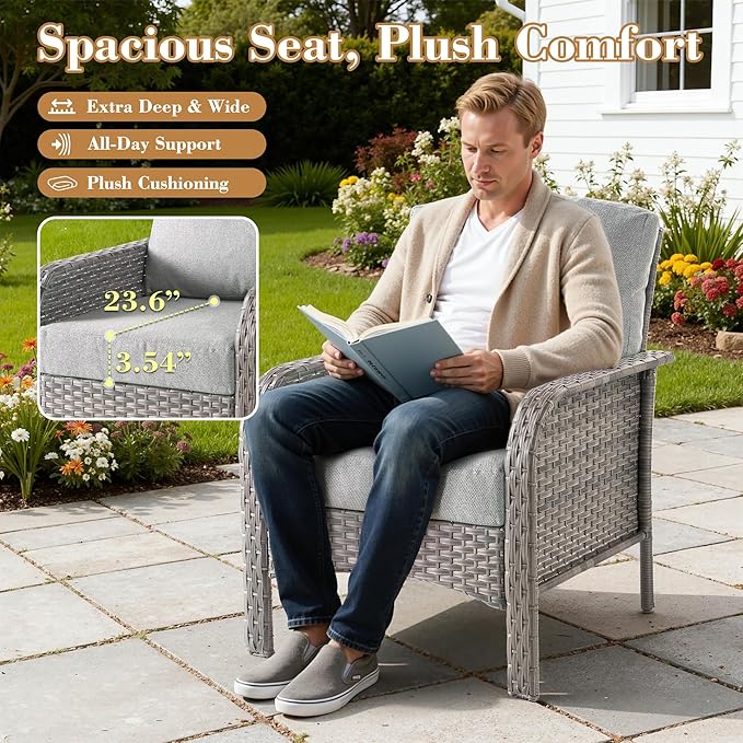 2 Pieces Patio Furniture Set, Two Single Chair Outdoor Furniture, All-Weather Rattan Wicker High Back Conversation Set of 2 for Small Space Porch, Backyard, Balcony, Dark Grey