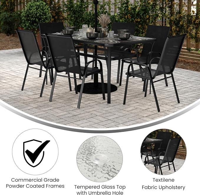 EMMA + OLIVER Bartlett 7-Piece Outdoor Dining Set, Patio Table with Tempered Glass Top and Umbrella Hole, 6 Flex Comfort Textilene Stack Chairs, 60", Black/Black