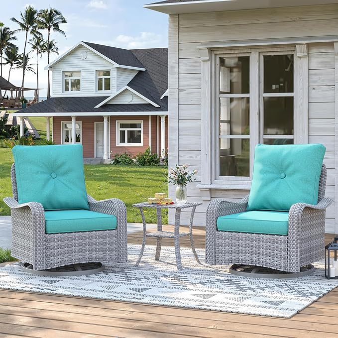 3 Piece Wicker Patio Furniture Set, Swivel Rocking Chairs with 4''Cushions, PE Rattan, Rust Resistant Frame, Double Layer Glass Side Table, for Backyard, Deck or Balcony, Blue