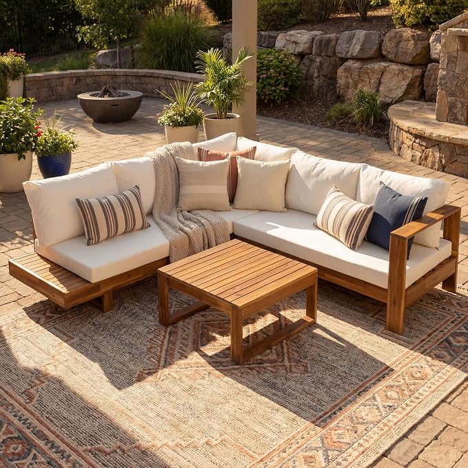 VilroCaz Outdoor Patio Furniture Set, L-Shaped Acacia Wood Sectional Sofa with Coffee Table, Cushions and Backpack, All-Weather Conversation Set for Garden Backyard Porch