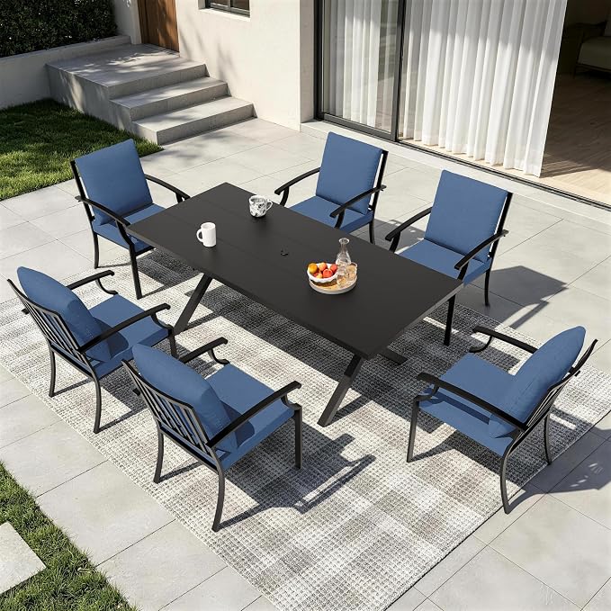 7 PCS Outdoor Patio Dining Set,Patio Table and Chairs Metal Outdoor Patio Furniture Set with Umbrella Hole,Dining Table Set with 6 Chairs for Deck,Backyard and Garden,Navy Blue