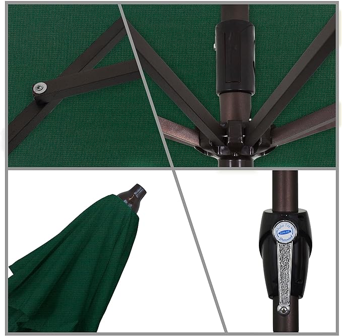 California Umbrella 7.5' Round Sunbrella Aluminum Outdoor Deck, Pool or Patio Umbrella, Crank Lift, Auto Tilt, Bronze Pole, Forest Green
