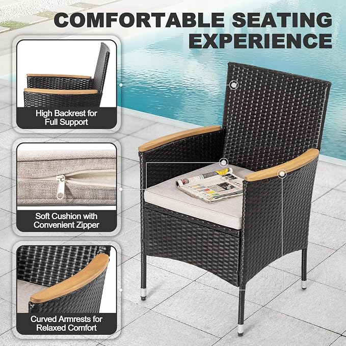 NUU GARDEN 5 Piece Patio Dining Set, Acacia Wood Table and Wicker Dining Chairs with Cushions, All Weather Outdoor Furniture for Balcony Garden Poolside, Black