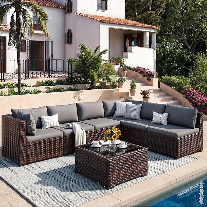 Patio Furniture Set, 7-Piece Outdoor Sectional Rattan Sofa Set with Coffee Table (Grey Cushions with Brown Rattan)