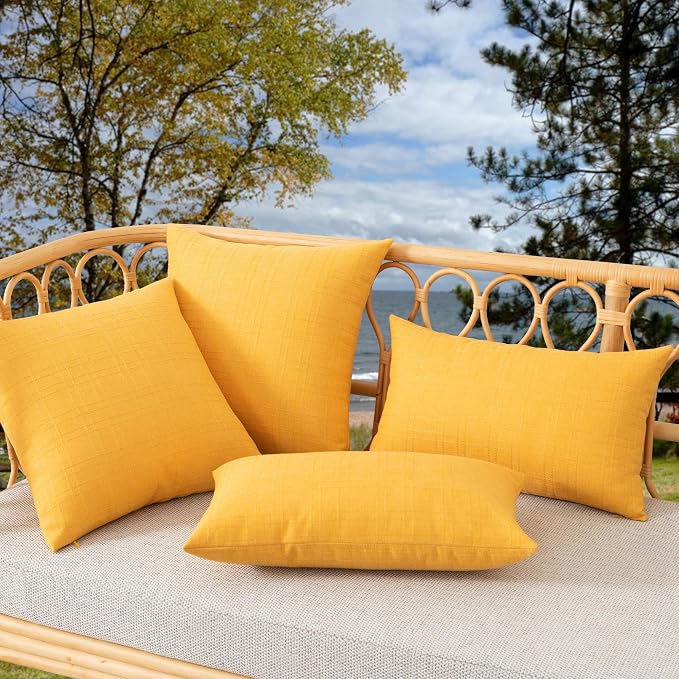 Kevin Textile Outdoor Waterproof 12”x24” Pillow Covers 2 Pack, Dark Yellow | Water Resistant, Soft Faux Linen-cotton Yarn-dyed Woven Texture Throw Pillow Covers for Tent Patio Garden Couch Sofa