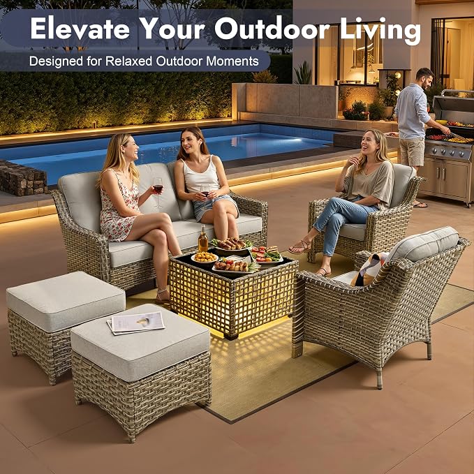6 PCS Patio Furniture Set, Deep Seat High Back Outdoor Conversation Set with Ottomans, Wicker Outside Furniture with Solar Light Coffee Table for Porch Backyard Balcony, Sunroom, Light Grey