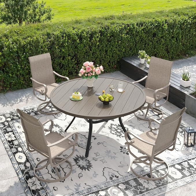 DIFY 5 Piece Outdoor Dining Set for 4, Outdoor Furniture Set of 4 Sandshell Textilene Swivel Patio Chairs, 47.2" Grey Wood-Like Round Metal Dining Table Set with Umbrella Hole for Garden Deck Backyard