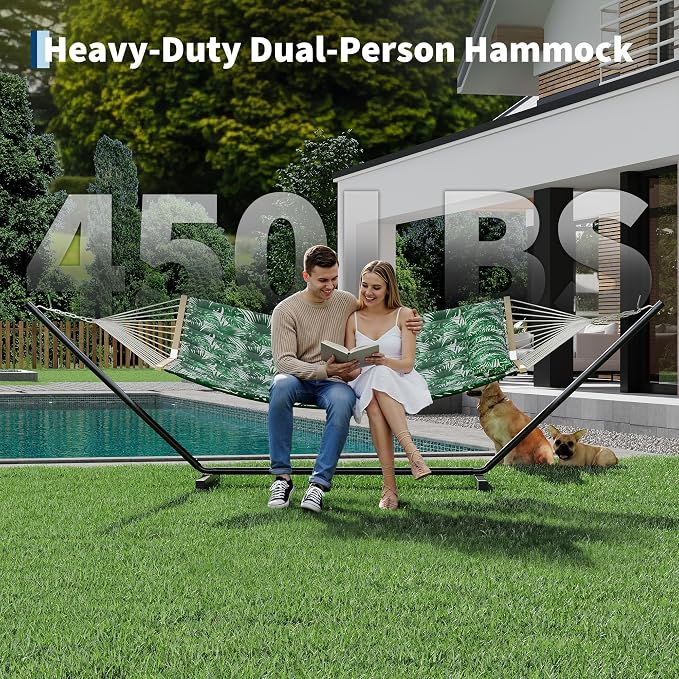 Double Outdoor Hammock with Stand – Heavy Duty 2-Person, 450lbs Capacity, Quilted Polyester, Adjustable Steel Frame, Pillow & Carry Bag, Weatherproof for Patio, Garden, Backyard, Beach –