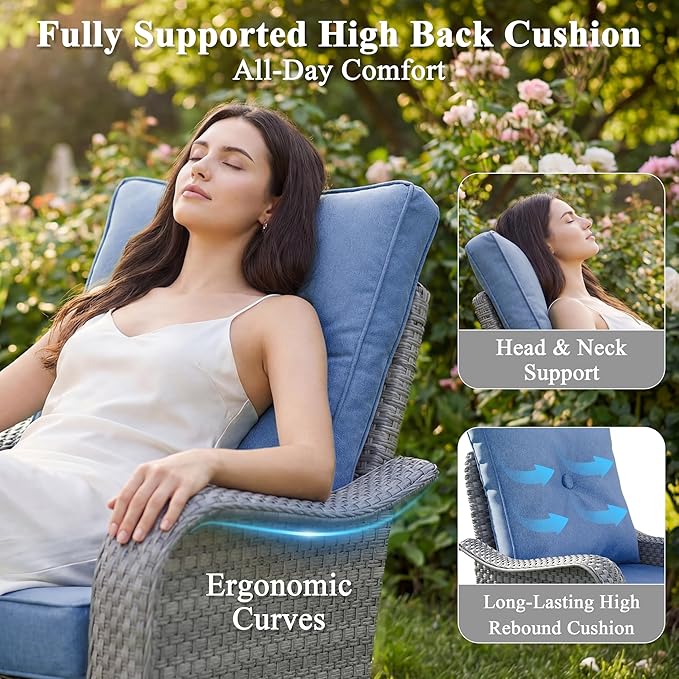10 Piece Wicker Patio Furniture Set with 55,000 BTU Fire Pit Table, Swivel Rocking Chairs, 4''Cushions, PE Rattan, Wind Guard Glass, for Backyard, Deck or Balcony, Navy