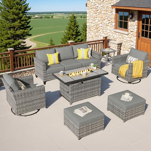 ovios 7 Pieces Patio Furniture Set with Rectangular Fire Pit Table, Swivel Rocking Chairs, Outdoor High Back Wicker Rattan Conversation Set for Deck Porch, Dark Grey