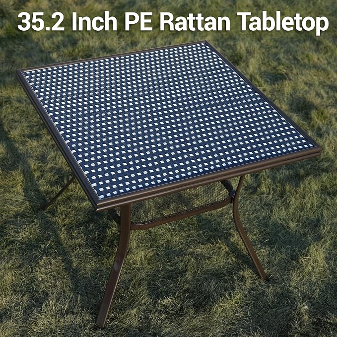 35.2" Outdoor Dining Table for 4 Person, Square Patio Dining Bistro Table with Sturdy Metal Frame & Adjustable Foot Pads for Garden, Backyard and Porch, Partitioned Storage Rack, Blue