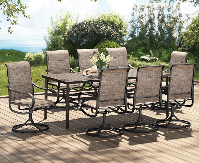 PHI VILLA 9 Piece Outdoor Dining Set for 8 Person, 82'' Rectangle Metal Slat Table and 8 Swivel Padded Patio Chairs, All Weather Patio Table and Chairs Set for Deck Garden Yard (Brown)