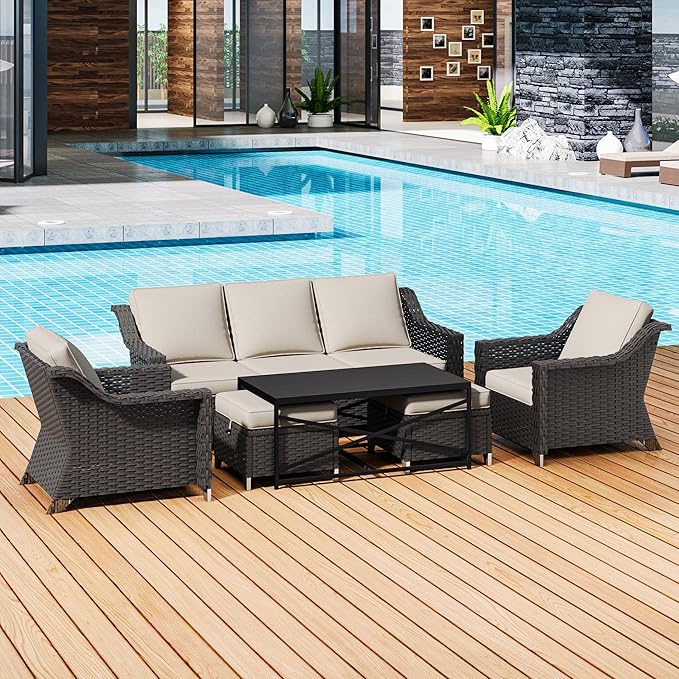 6 Pieces Outdoor Conversation Furniture Set - 77" Patio Sofa, 2 Armchairs, 2 Ottomans, 1 Metal Table, Patio Wicker Couch Set with Washable Cushions for Swimming Pool (Beige)