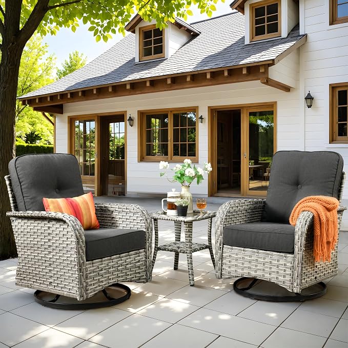 Swivel Patio Chairs Set of 2, Outdoor Wicker Rocker Glider Chair with Coffee Table, Modern Comfy Patio Furniture Sets for Porch Balcony Sunroom, Black