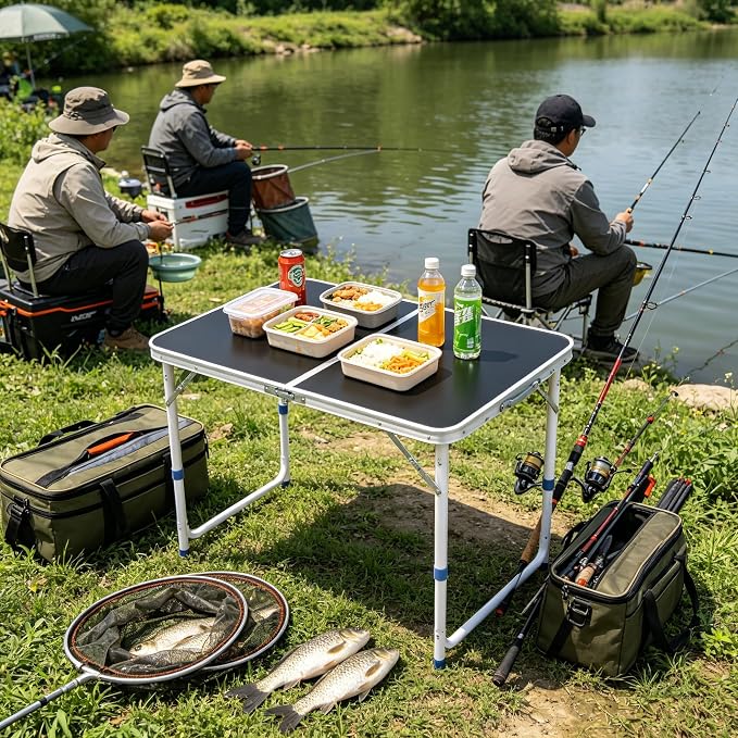 3 Feet Small Folding Table with Adjustable Height, Lightweight Portable Utility Table for Travel Picnic BBQ Fishing RV Car Tailgate Camping Beach Outdoor Essentials, MDF Tabletop, Black 10Pcs