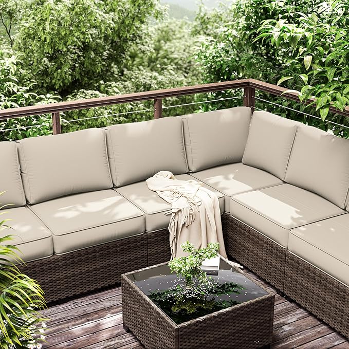 Outdoor Furniture Replacement Cushions, 5" Foam Foam High-Density, Fits 6-seat Sectional Rattan Conversation Set, 14 Piece Patio Water-Resistant Replacement Sofa Cushions, Liner&Cover