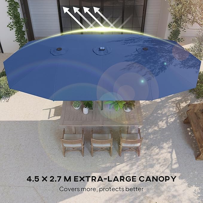 Outsunny 14.8ft Double Umbrella, Large Outdoor Patio Sun Shade with LED Solar Light for Garden
