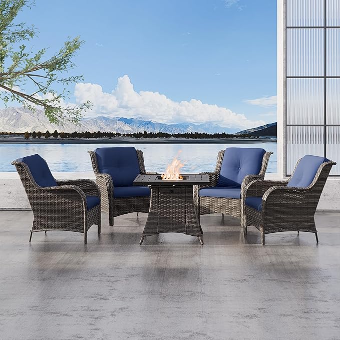 5 Pcs Patio Furniture Set with Fire Table-31'' Fire Pit Table, 4 Outdoor Rattan Wicker Conversation Chairs (4 Fixed Chairs) (Blue)
