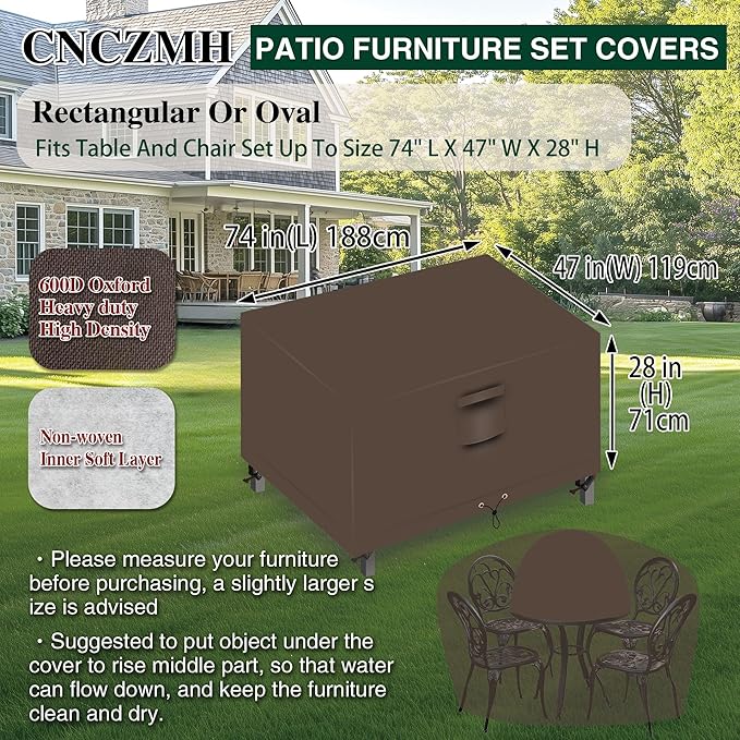 Heavy Duty Patio Furniture Covers Waterproof, 600D Outdoor Furniture Cover Waterproof for Sectional Sofa Couch, Outdoor Dining Table and Chair Set Covers 74''L x 47''W x 28''H, Brown