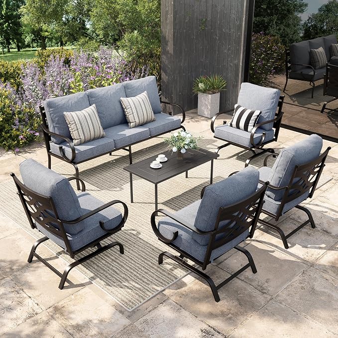 Sophia & William Patio Conversation Set for 7, 3-Seater Sofa, 4 Rocking Chairs and a Coffee Table, Metal Outdoor Furniture with 5.75" Extra Thick Cushions, Grey