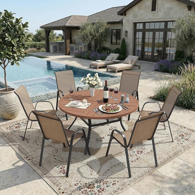 DIFY 7 Piece Outdoor Dining Set, 48" Walnut Round Metal Dining Table and Brown Textilene Stackable Patio Chairs, Patio Table and Chairs Set for 6 with Umbrella Hole for Backyard Garden Deck