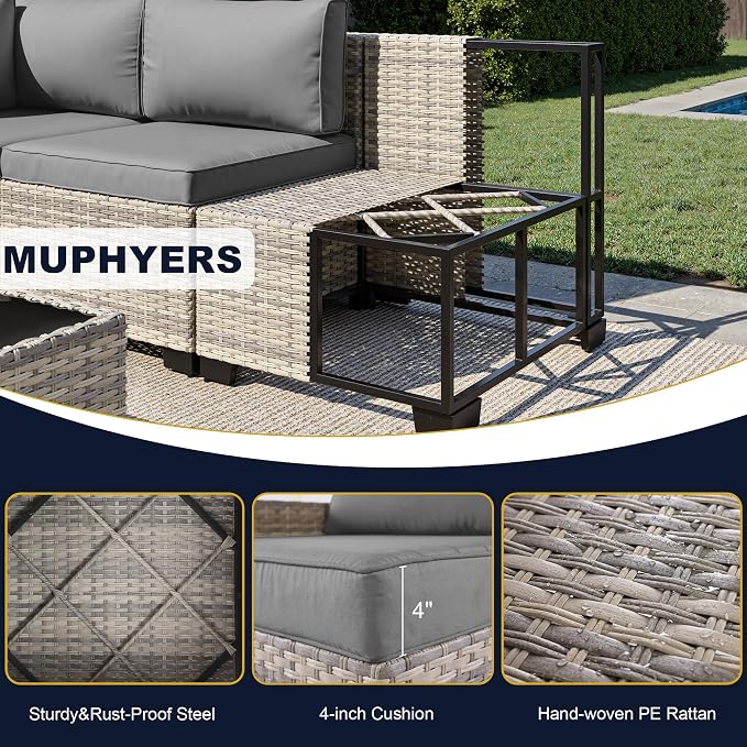 13-Piece Outdoor Patio Furniture Set with Rocking Swivel Chair, Wicker Rattan Sectional Sofa Conversation Set with Tempered Glass Table, Backyard Furniture, Grey