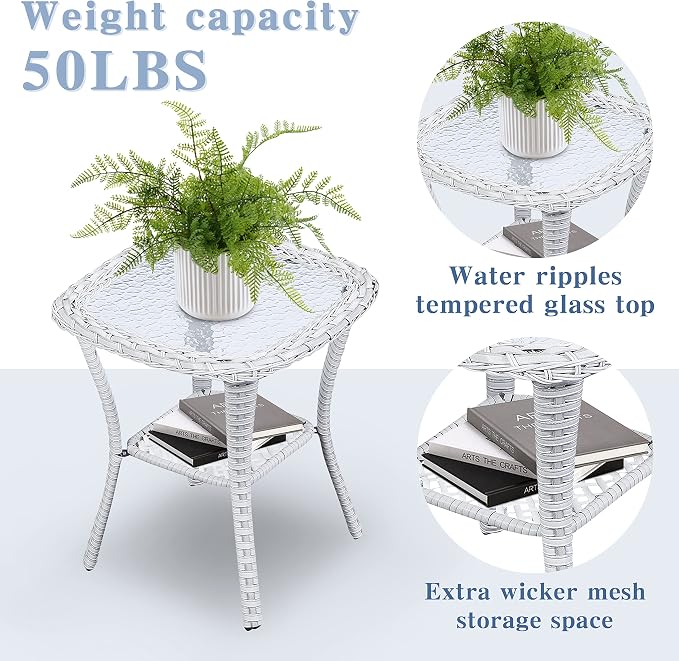 Belord Small Outdoor Side Table Tempered Glass Wicker Table - Waterproof Patio Coffee Table Rattan End Table with Storage, Light Gray 20x20x22 inch
