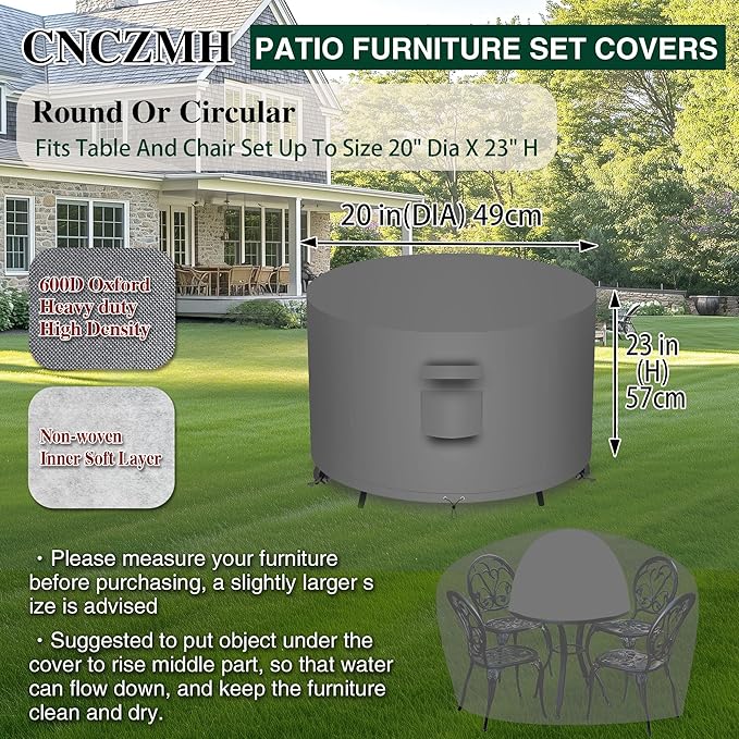 Heavy Duty Patio Furniture Covers Waterproof, 600D Round Outdoor Furniture Cover Waterproof for Sectional Sofa Couch, Outdoor Dining Table and Chair Set Covers 20"DIA x 23"H, Grey