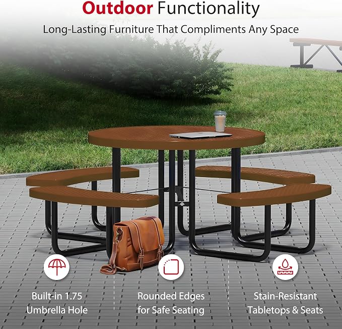 Leisure Craft Metal Picnic Table with Bench - 46" Round Outdoor Dining Table for 8 with Umbrella Hole, Weatherproof Heavy Duty Thermoplastic Coating, Commercial Grade Furniture Made in USA - Brown