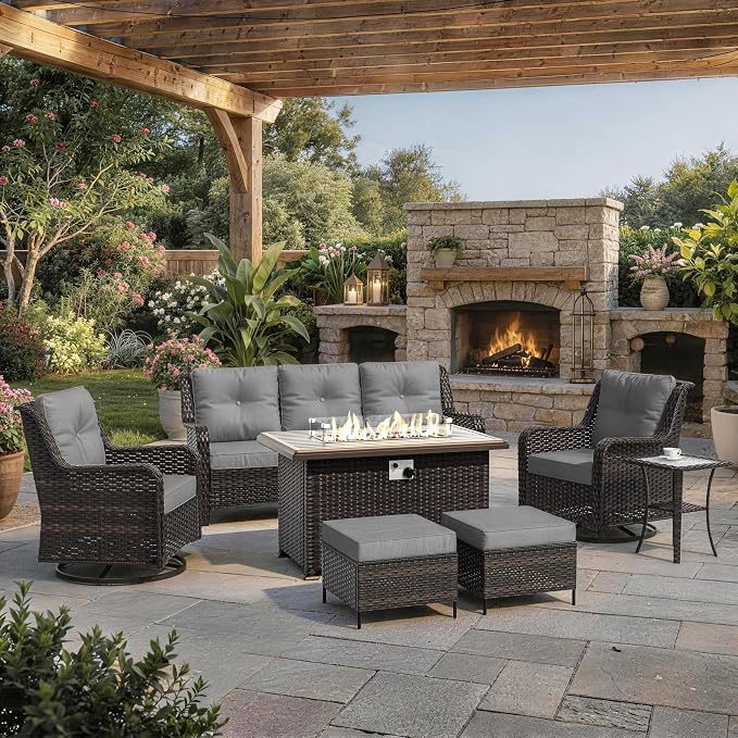 7-Piece Patio Furniture Set, Thick Wicker Outdoor Furniture Set with 2 Swivel Chairs, Outdoor Sectional Sofa Couch with Fire Pit Table, Patio Conversation Set for Backyard, Porch, Deck, Grey