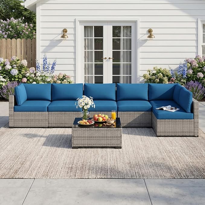 Patio Furniture Set 7 Pieces Conversation Set Wicker Outdoor Sectional Sofa,Ergonomic Armrests Couch with Cushion and Glass Table (Grey White-Peacock Blue, 7 Piece-Single)