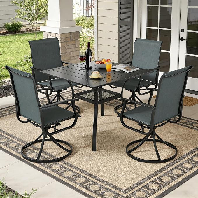 SUNCROWN 5-Piece Outdoor Patio Dining Set, All Weather Square Metal Table & 4 Dark Gray Swivel Textilene Mesh Chairs, Weather Resistant Patio Furniture for Deck Lawn Garden Backyard Poolside