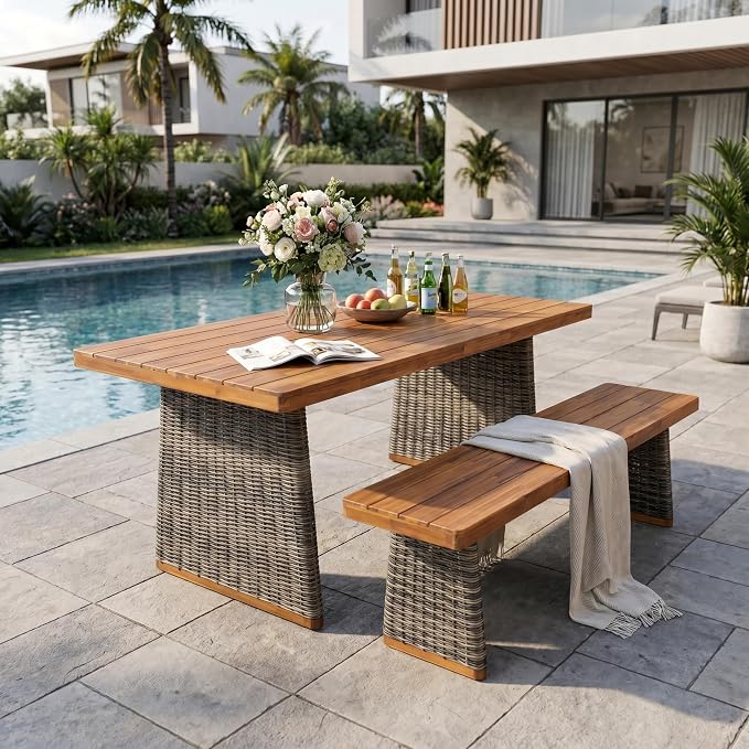 Christopher Knight Home Xavi Patio Acacia Wood Dining Set, Outdoor Side Table and Chairs Set with Slatted Panel Design and Handwoven Rattan Legs, Outdoor Furniture Set for Garden, 2 pcs, Grey + Teak